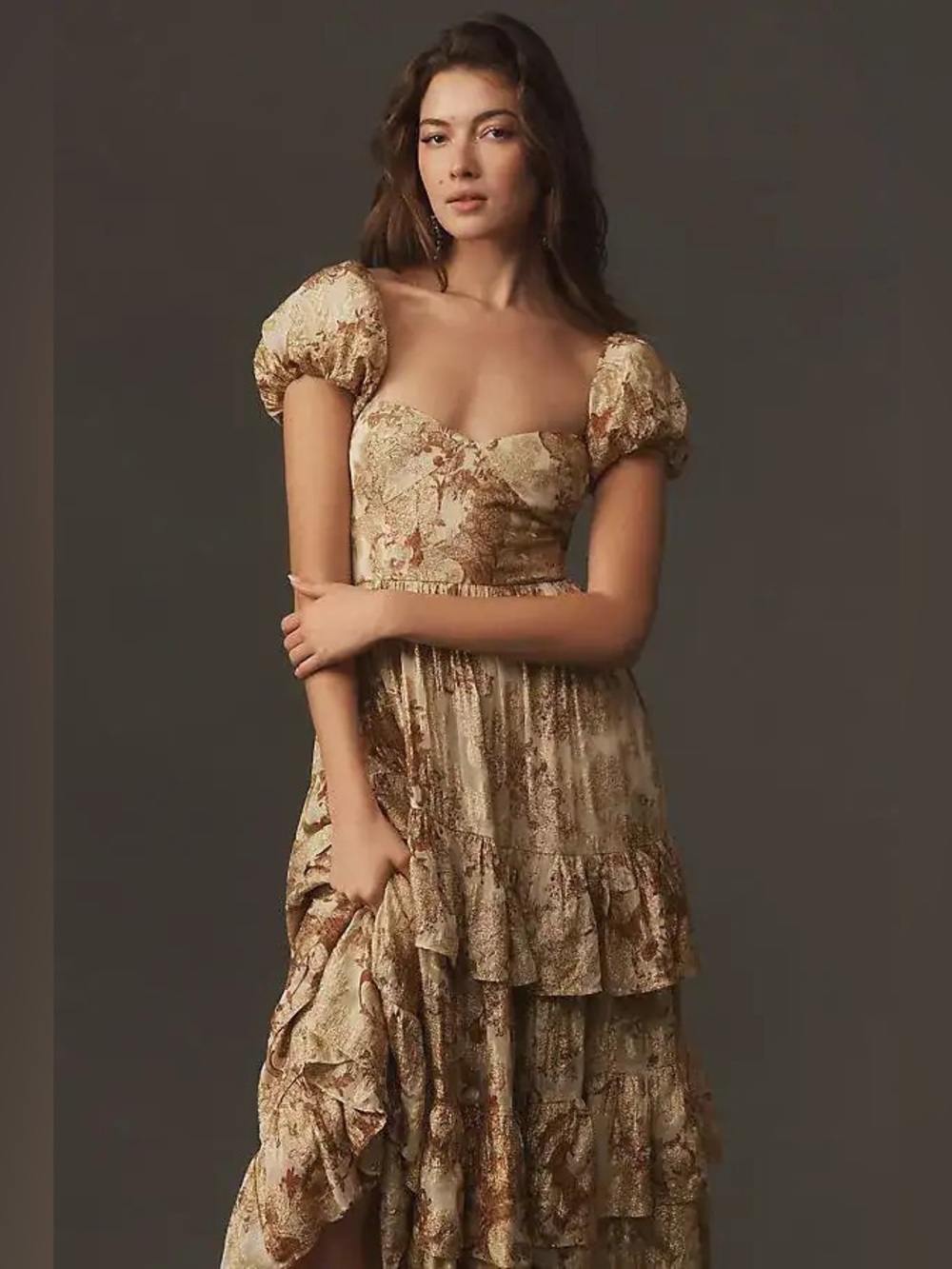 Anthropologie BHLDN Lurex Printed Tiered Tapestry Puff-Sleeve Dress NWT XL